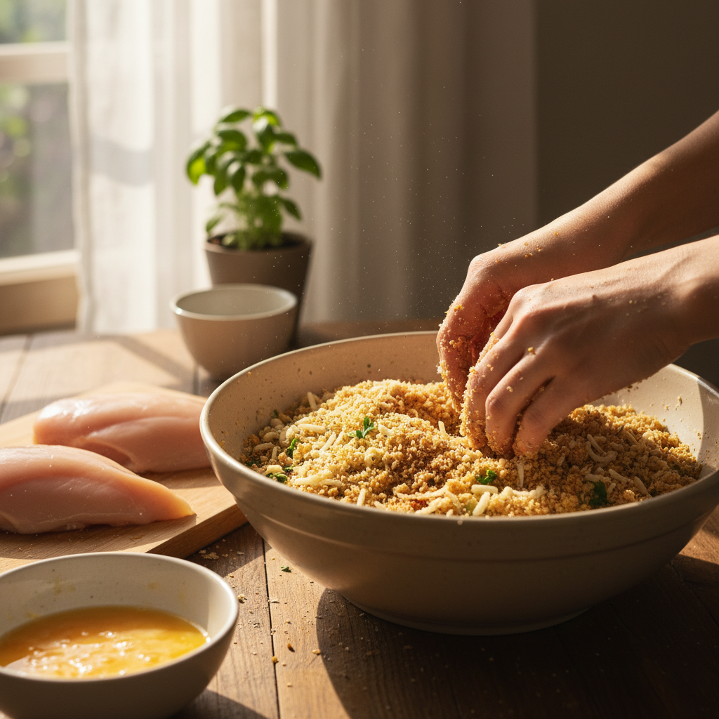 Chicken coated with flour, egg and bread crumb mixture