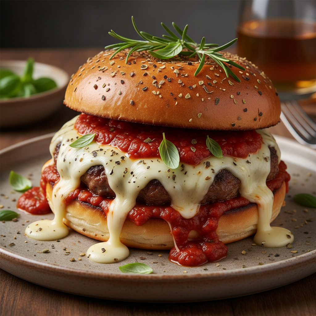 Cheesy pizza burgers served on toasted buns