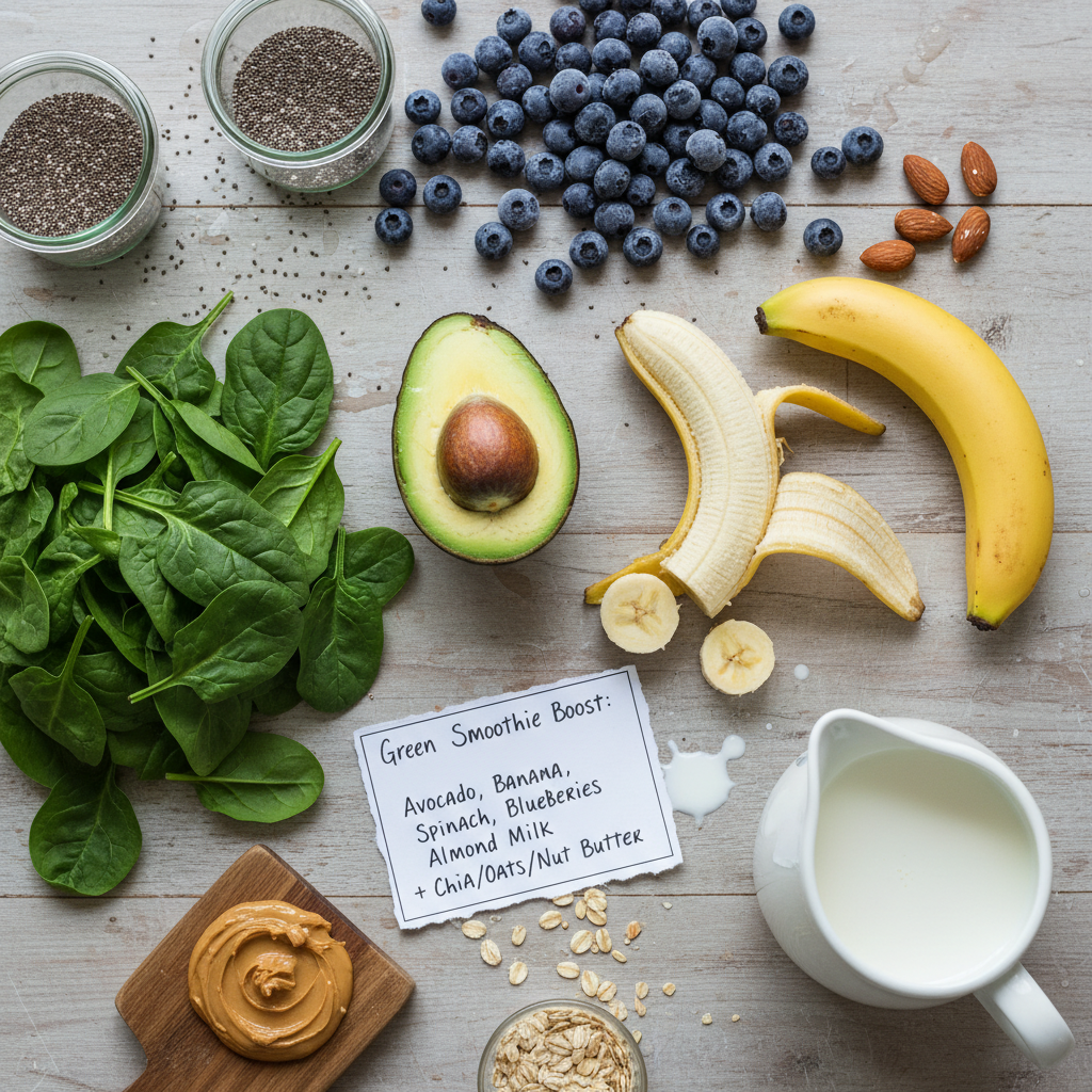 Ingredients for avocado banana spinach blueberry smoothie