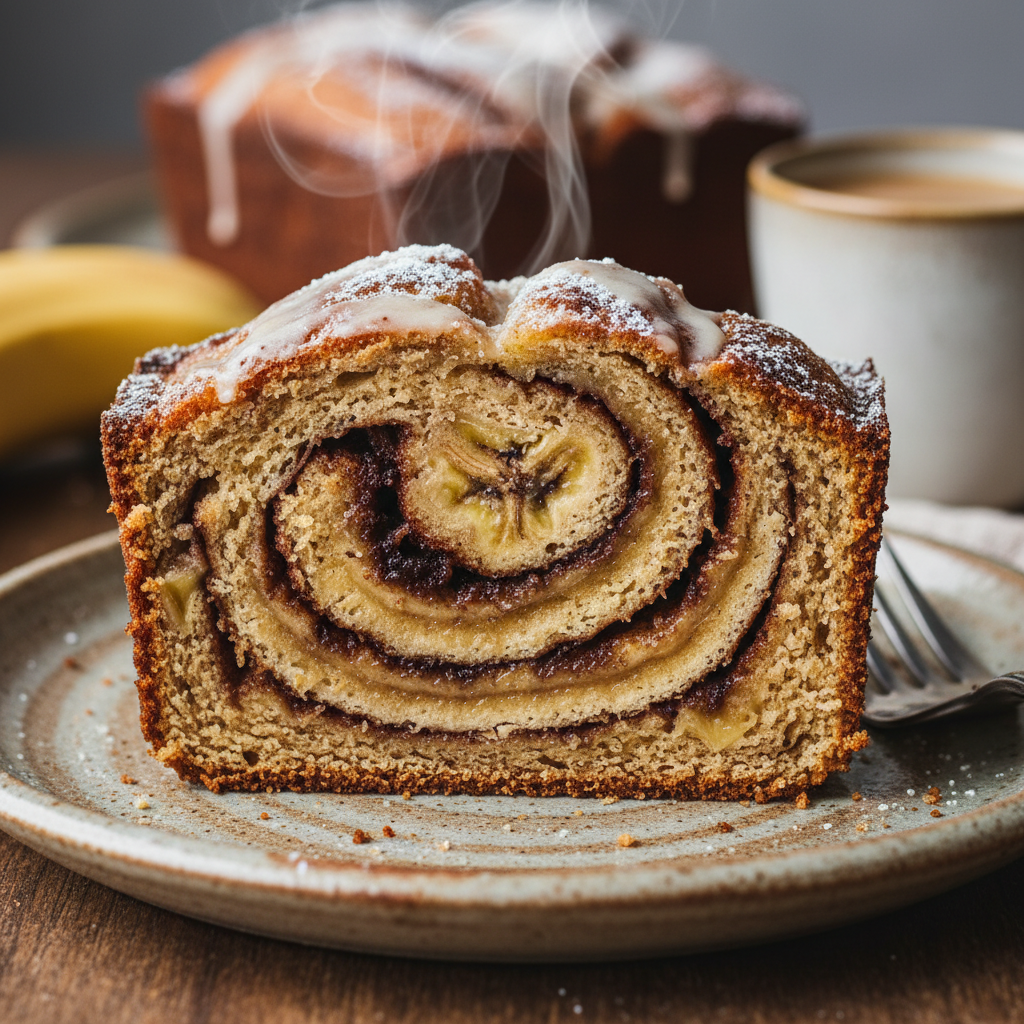 Sliced classic cinnamon swirl banana bread