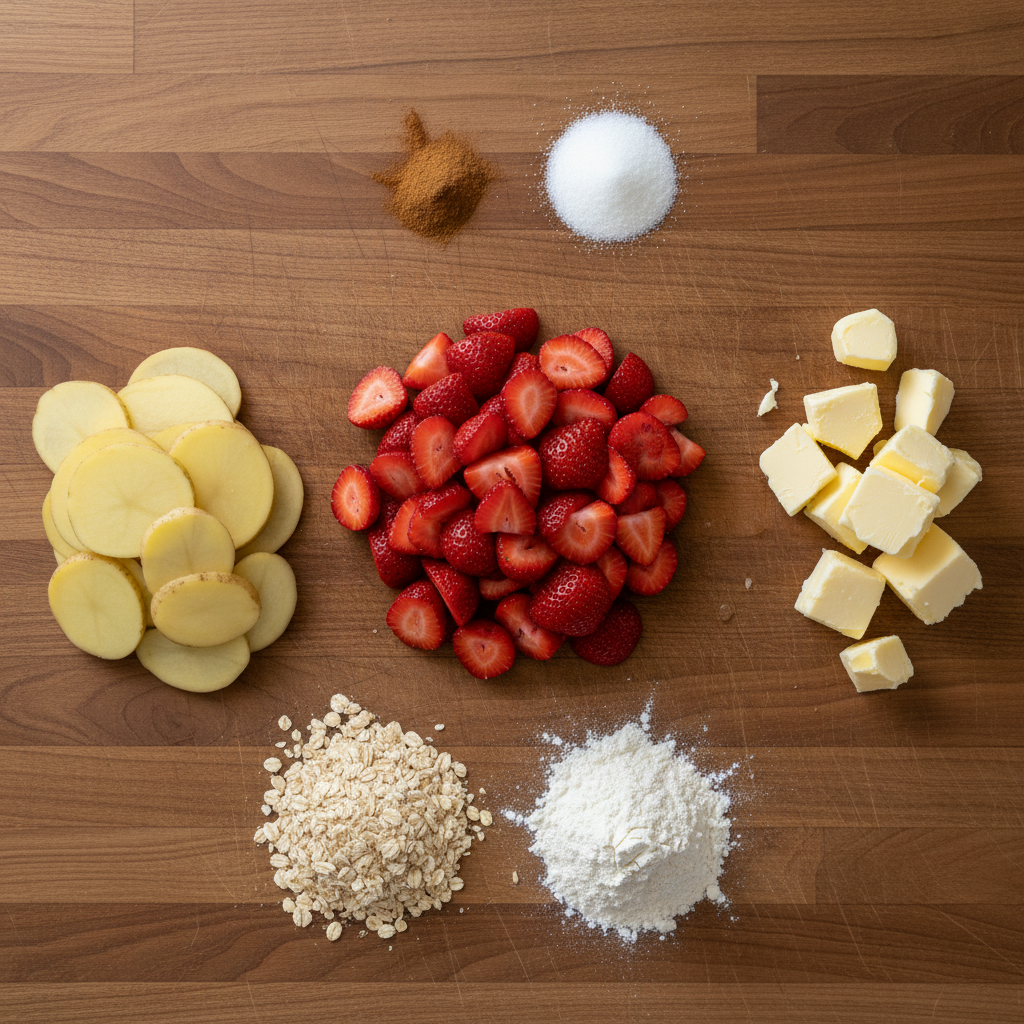 Ingredients for strawberry crisp laid out