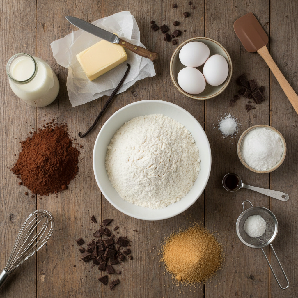 Ingredients for chocolate cake and frosting