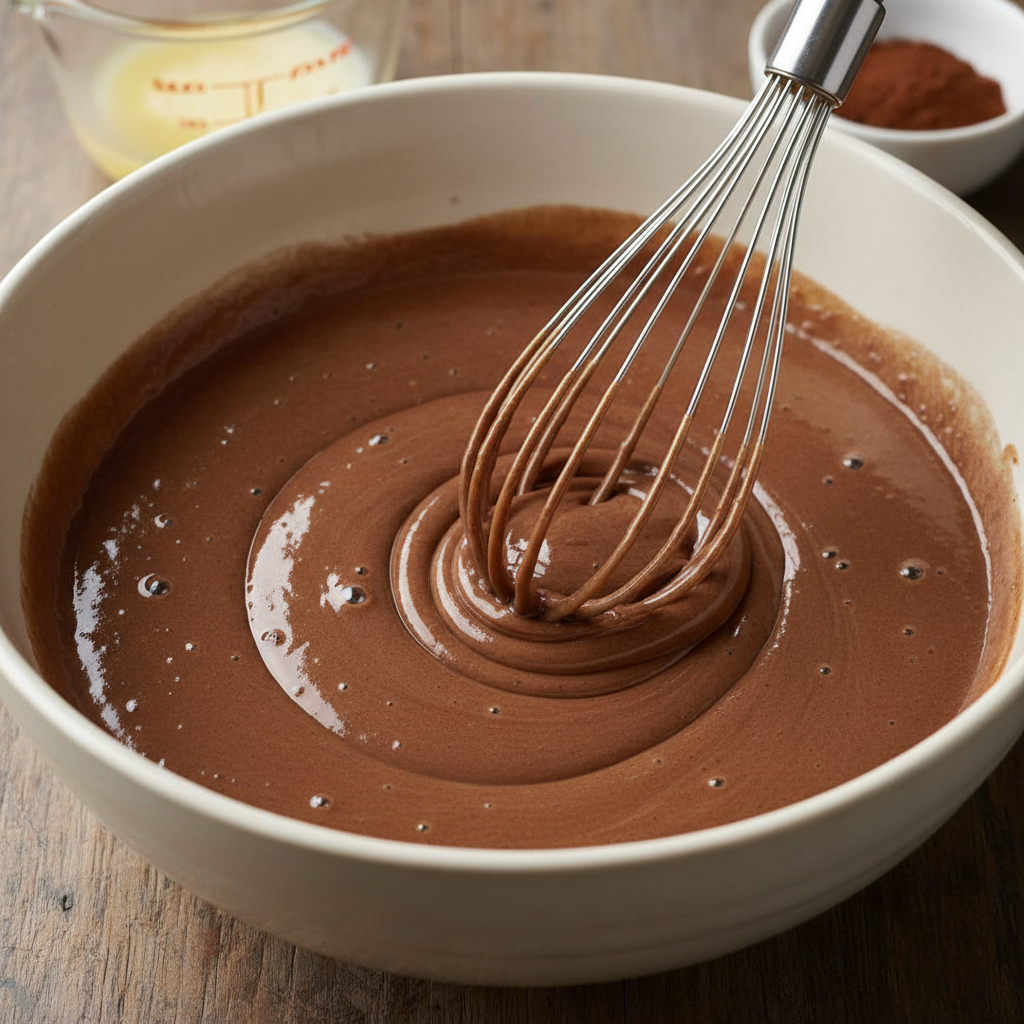 Mixing chocolate cake batter in one bowl
