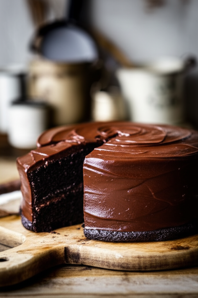 Homemade buttermilk chocolate cake with shiny frosting