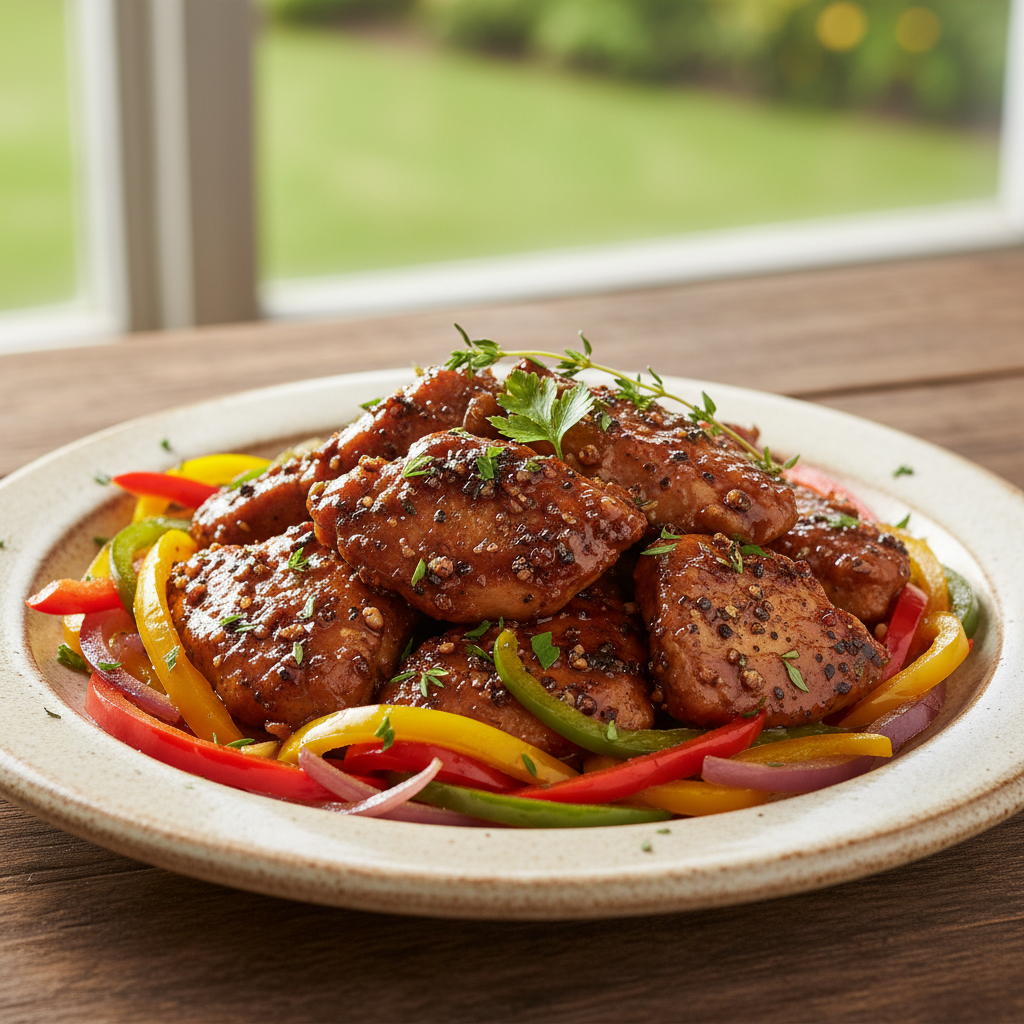 Finished black pepper chicken with bright vegetables