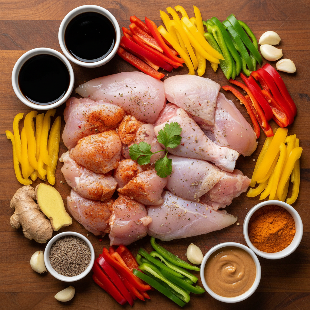Ingredients laid out to make black pepper chicken