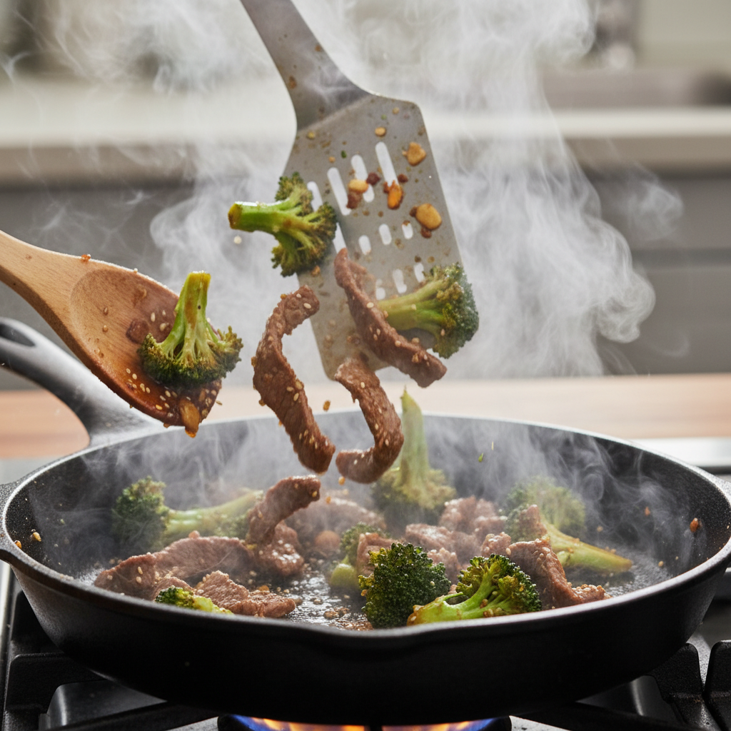 Beef cooking in a pan