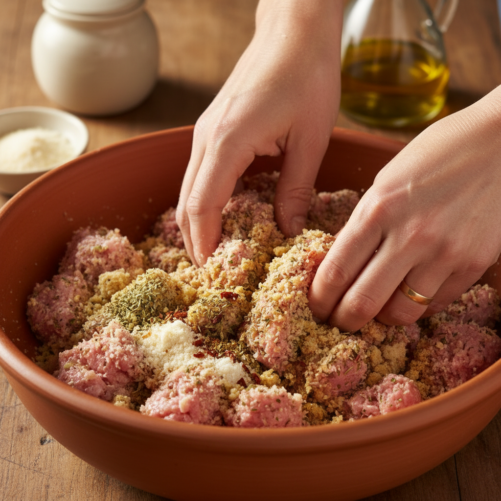 Mixing meatloaf ingredients in a large bowl