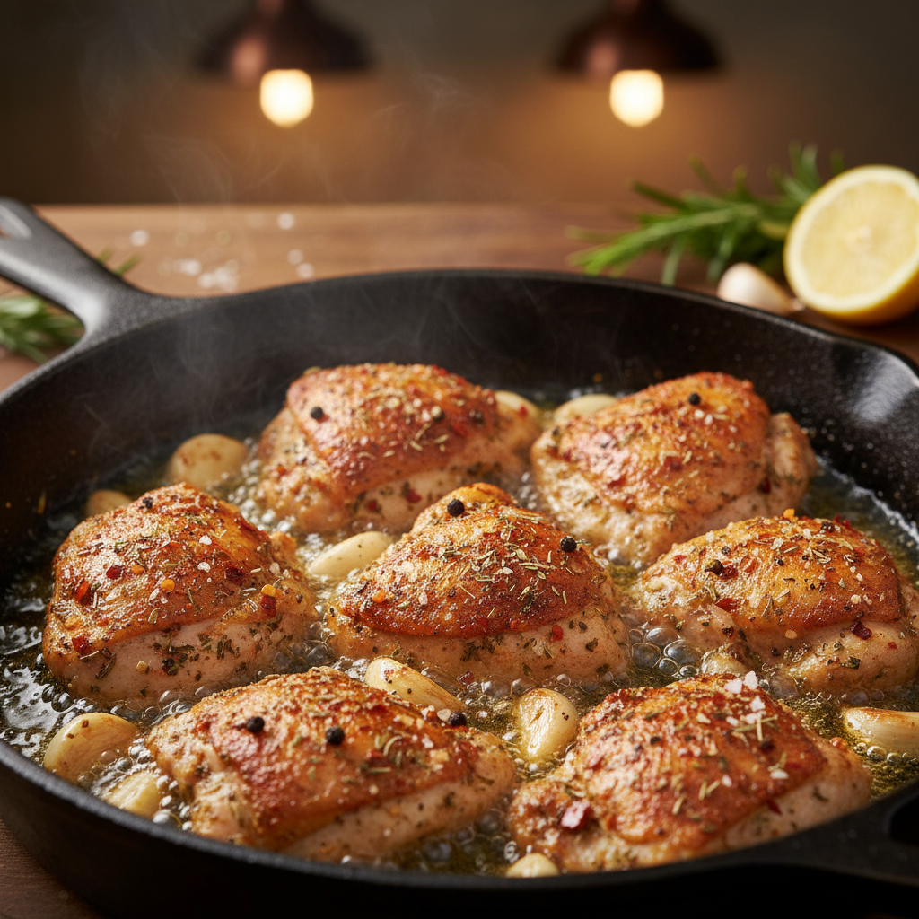 Cooking chicken and garlic in skillet
