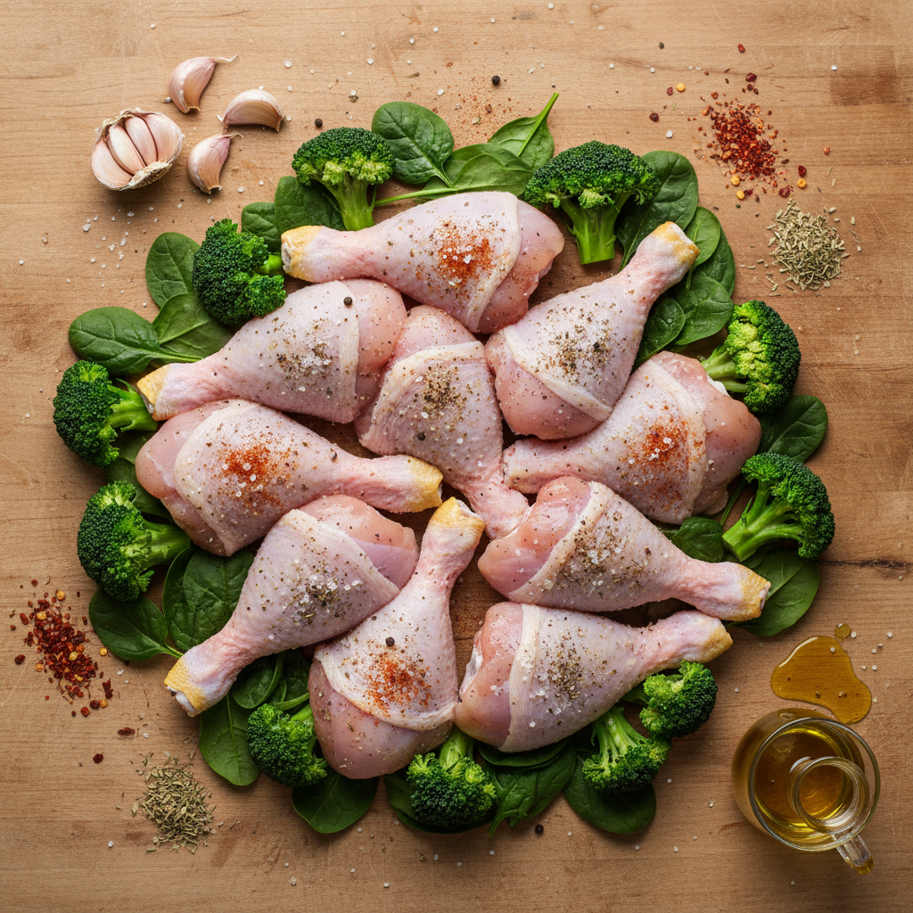 Ingredients for garlic chicken with broccoli and spinach
