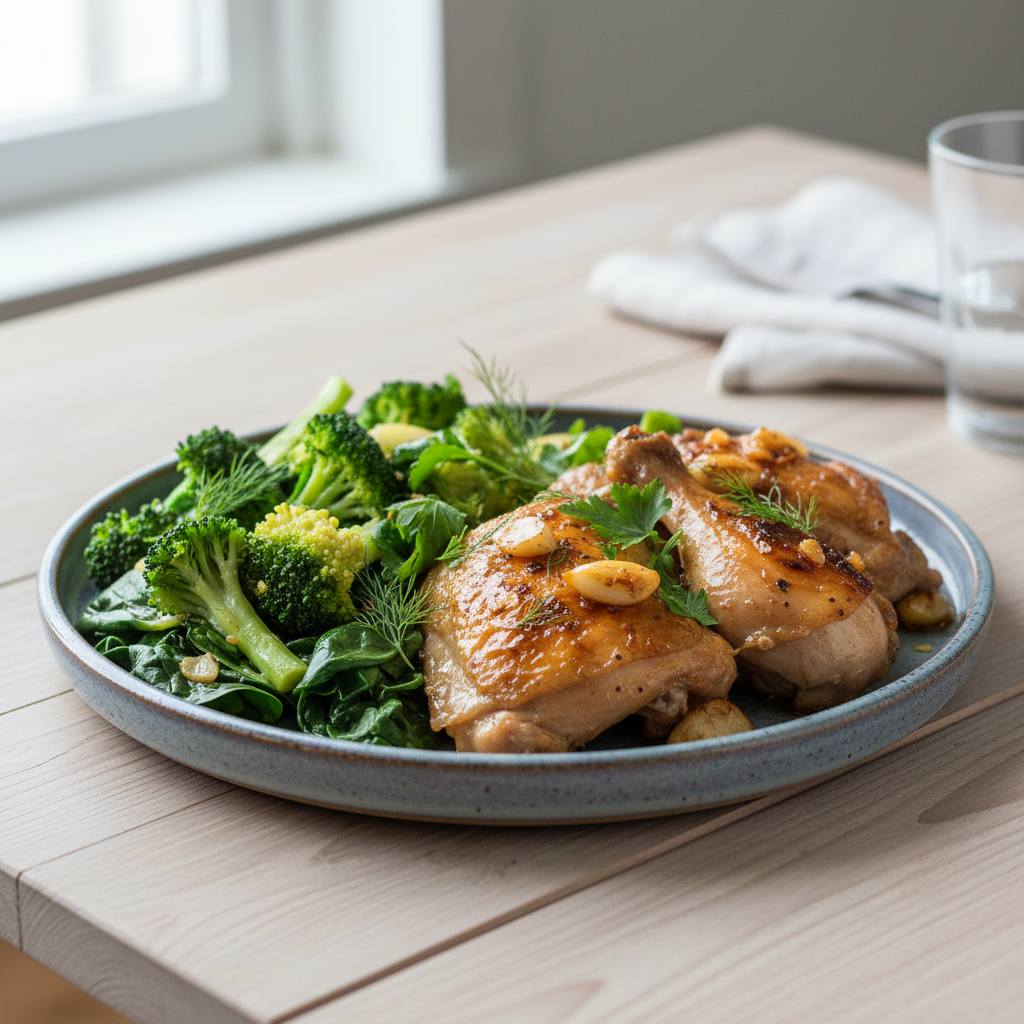 Garlic chicken dish served hot with sides