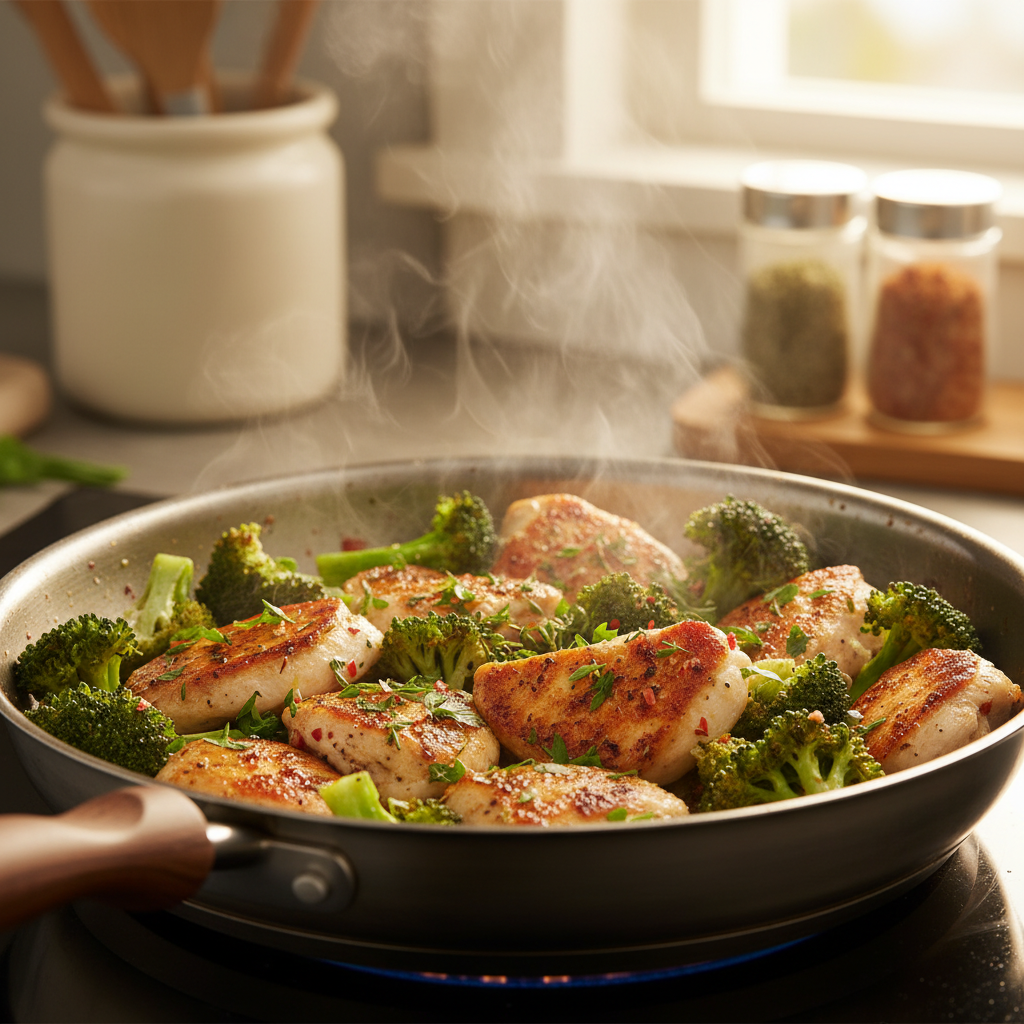 Garlic Chicken with Broccoli and Spinach plated dish