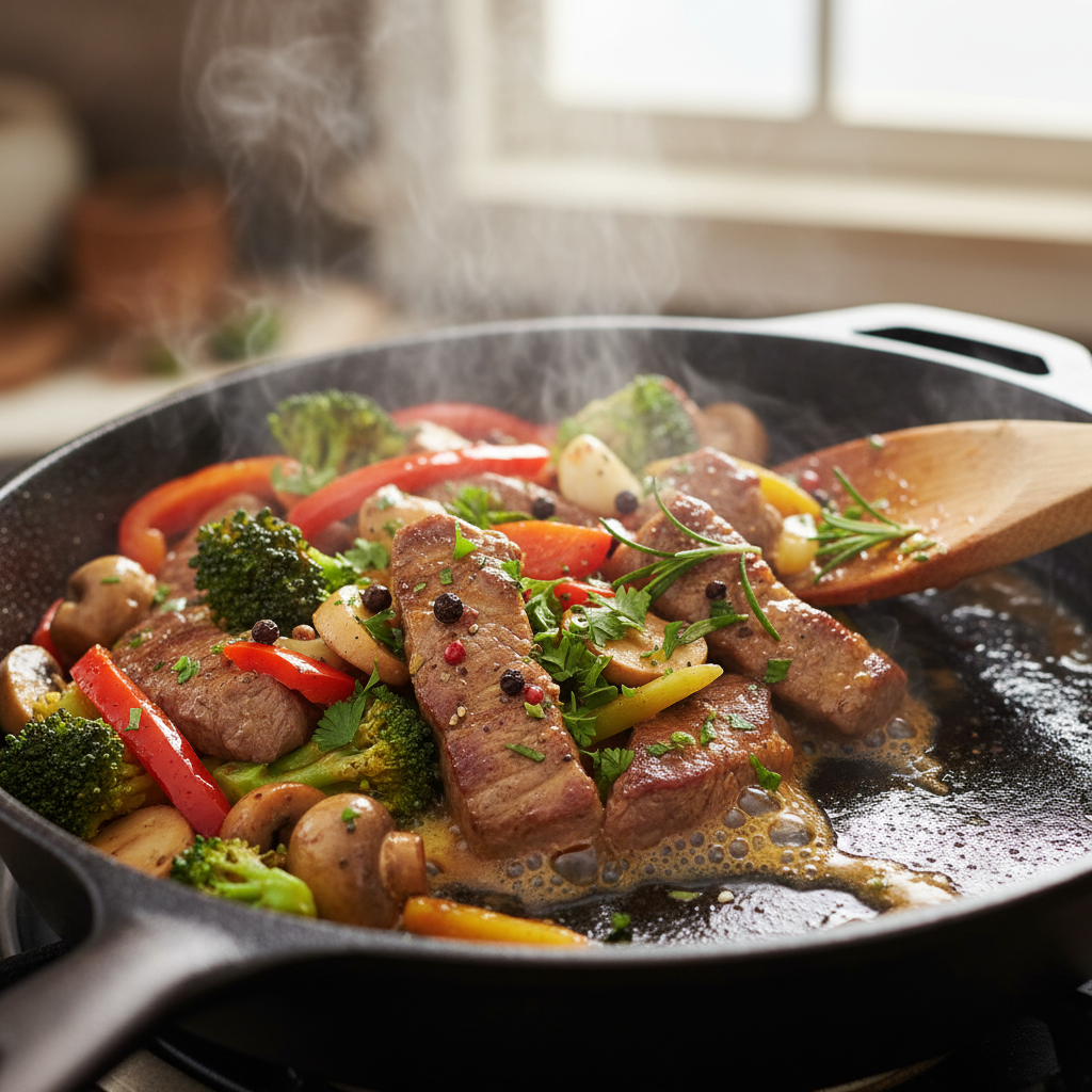 Sticky Beef Noodles with beef, noodles, and savory sauce