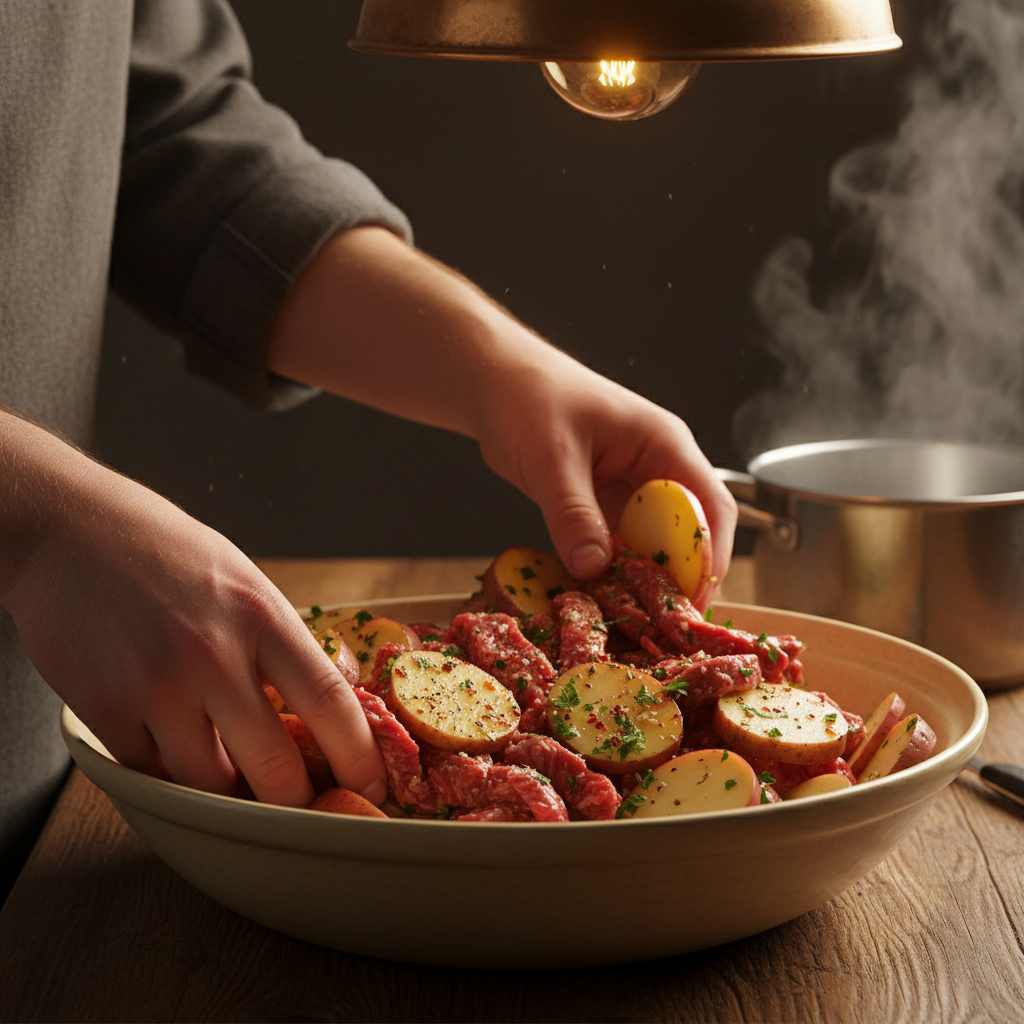 Beef marinating in bowl with soy sauce and cornstarch