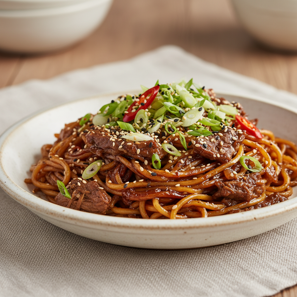 Ingredients for Sticky Beef Noodles arranged