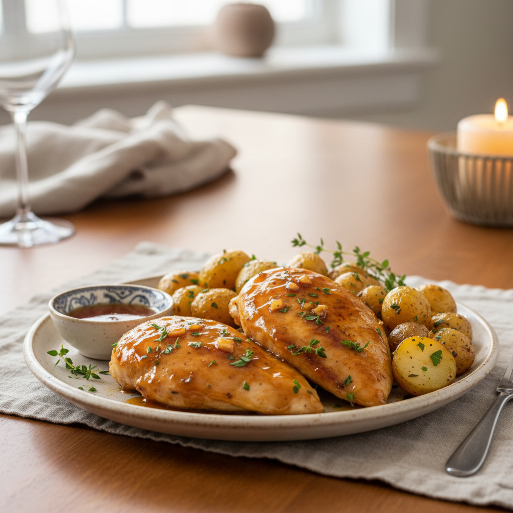 Honey Garlic Chicken Served with Rice and Vegetables