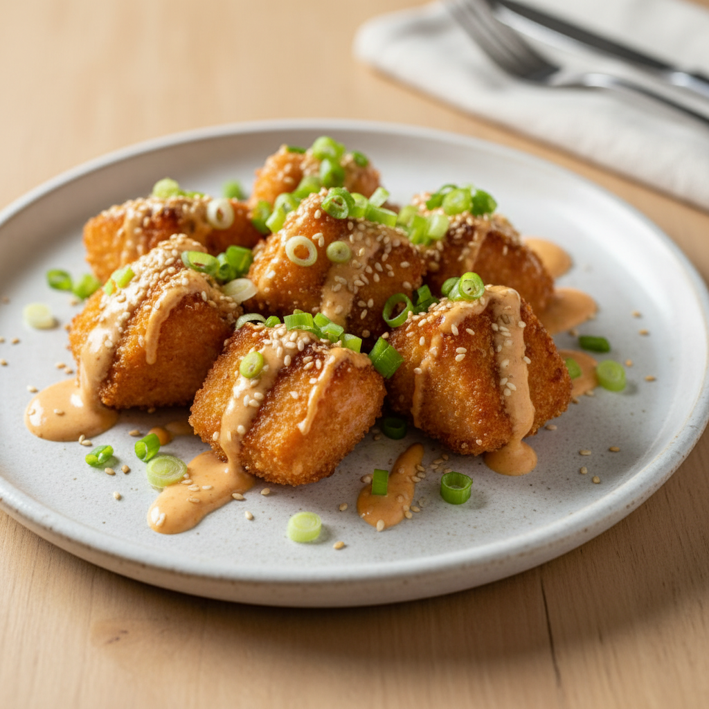 Garnished Bang Bang Salmon Bites served for eating