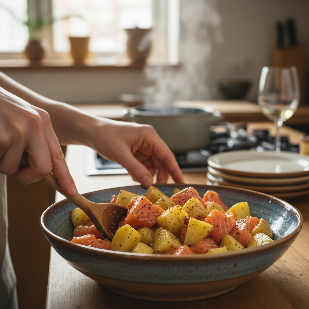 Cooked golden brown Bang Bang Salmon Bites on paper towel-lined platter