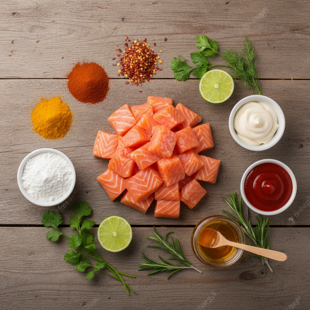 Ingredients for Bang Bang Salmon Bites including salmon, sauces, and spices