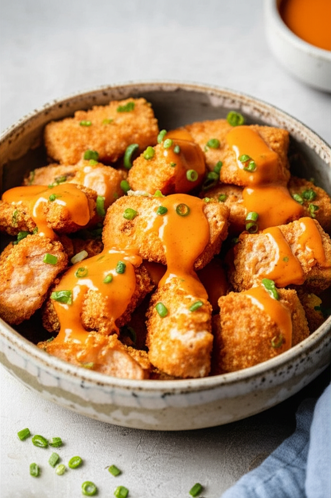 Crispy Bang Bang Salmon Bites on a plate