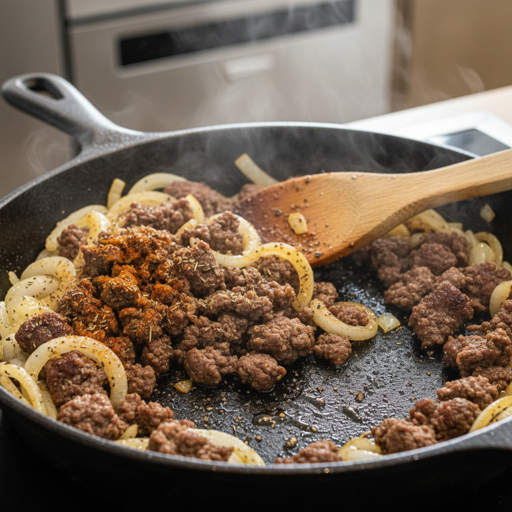 Ground beef and onions cooking in skillet