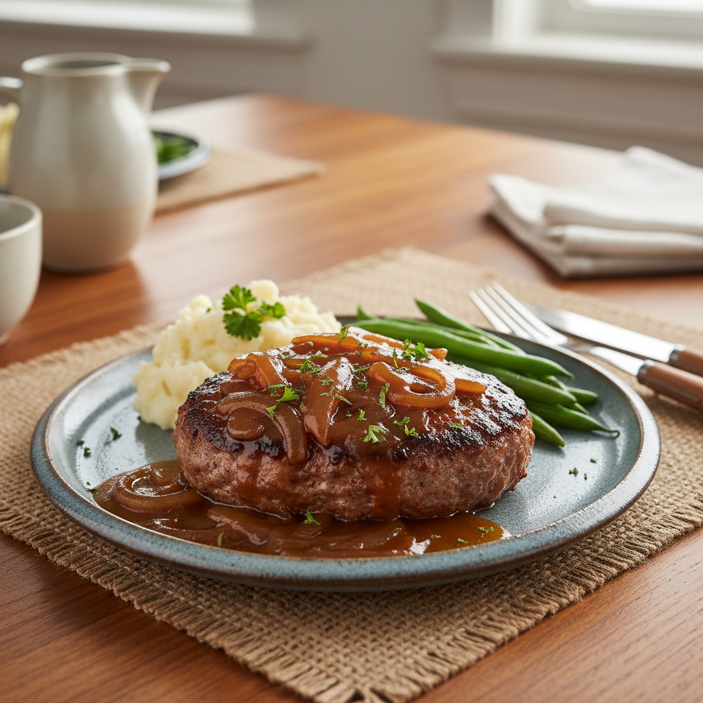 Plated hamburger steak with gravy and sides