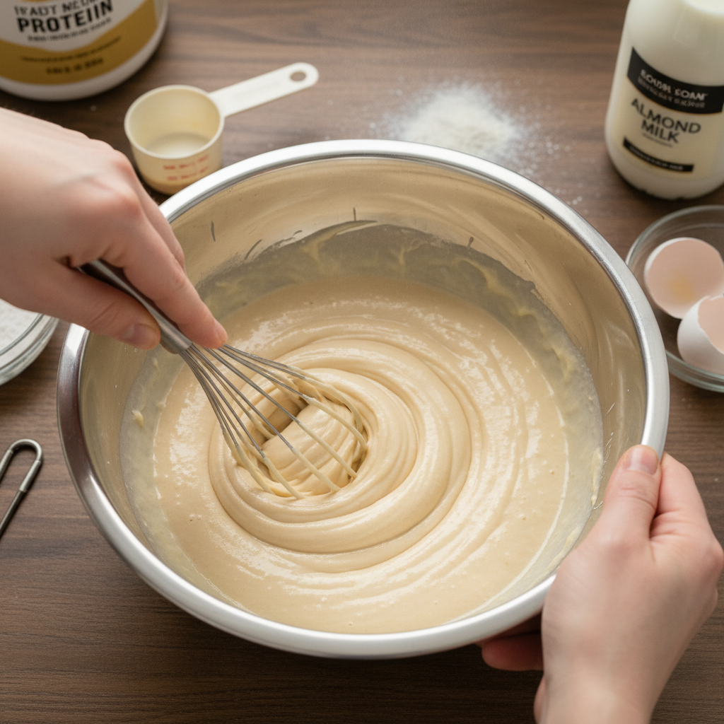 Mixing waffle batter ingredients in bowl