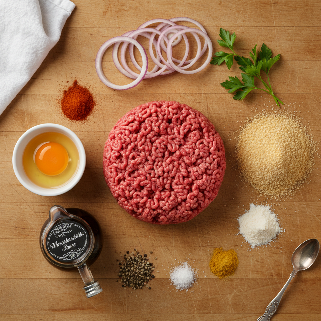 Ingredients for hamburger steak and onion gravy