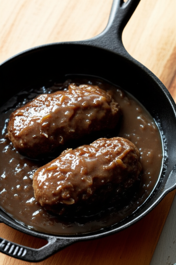 Hamburger steak with onions and gravy plated