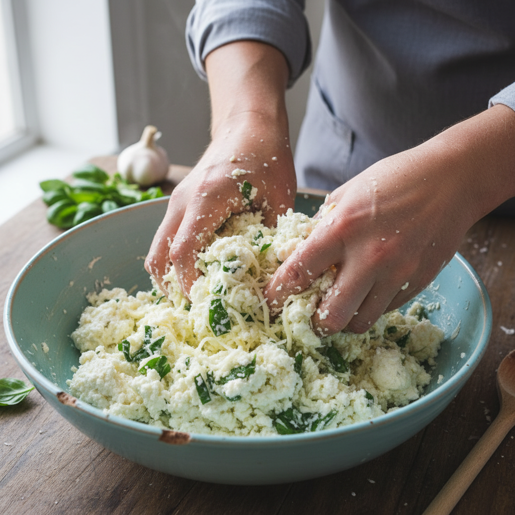 Mixing ricotta cheese filling for rolls