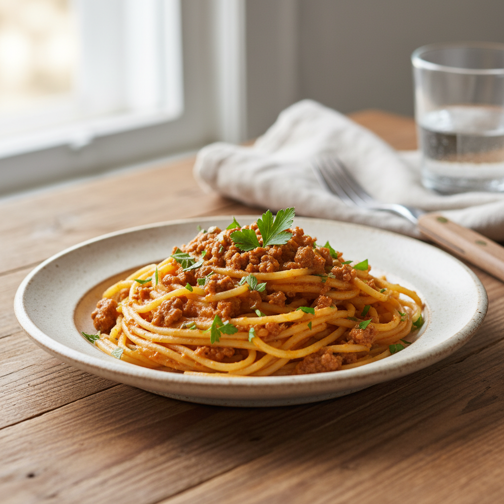 Creamy ground beef spaghetti plated with parsley garnish and Parmesan cheese