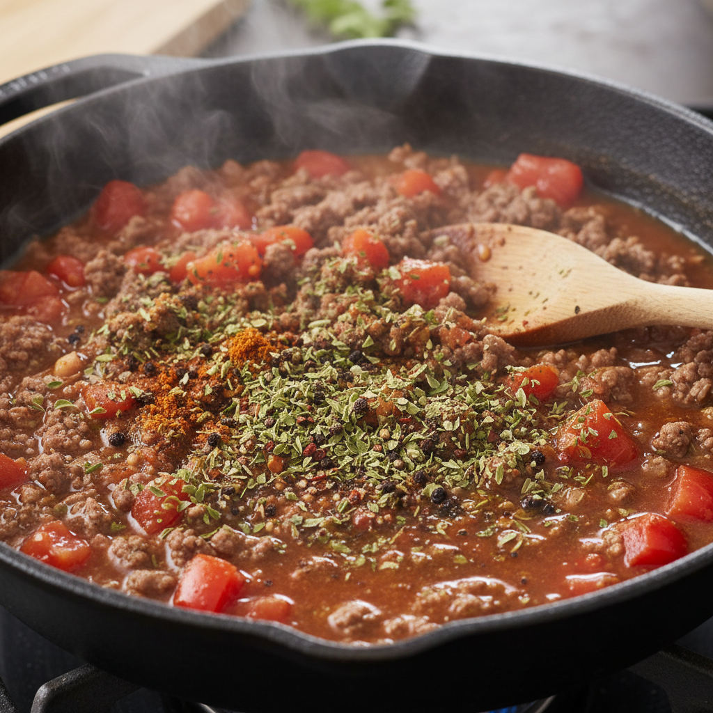 Simmering beef broth and diced tomatoes mixing flavors in the skillet