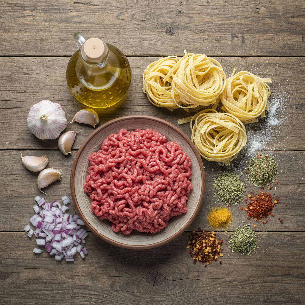 Ingredients for creamy ground beef spaghetti neatly arranged