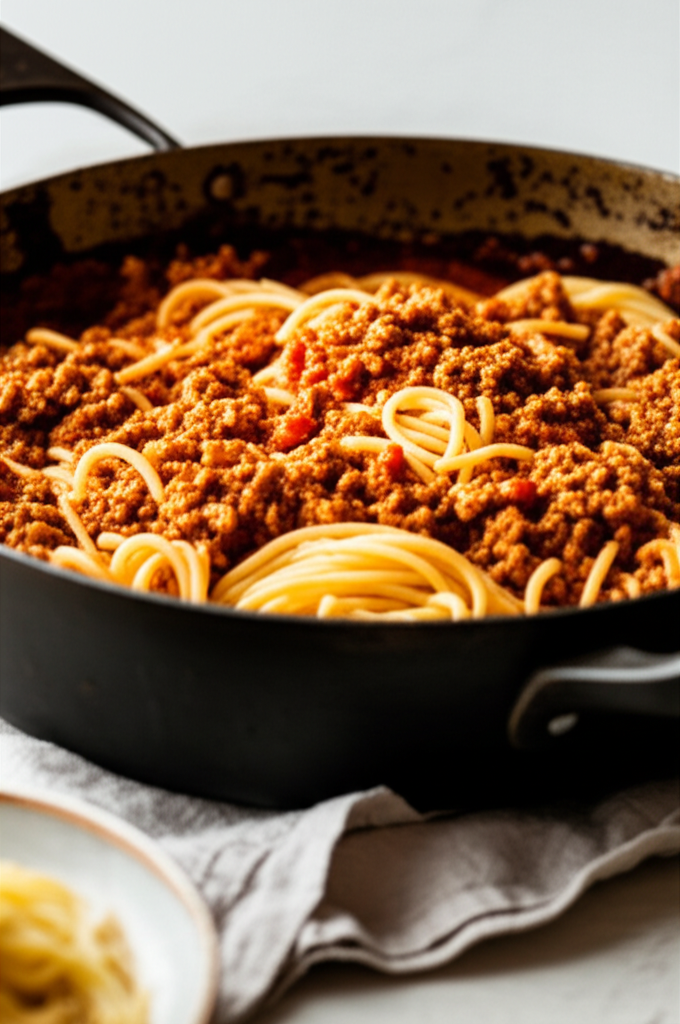 Creamy ground beef spaghetti cooked in a pot with tender noodles and rich sauce