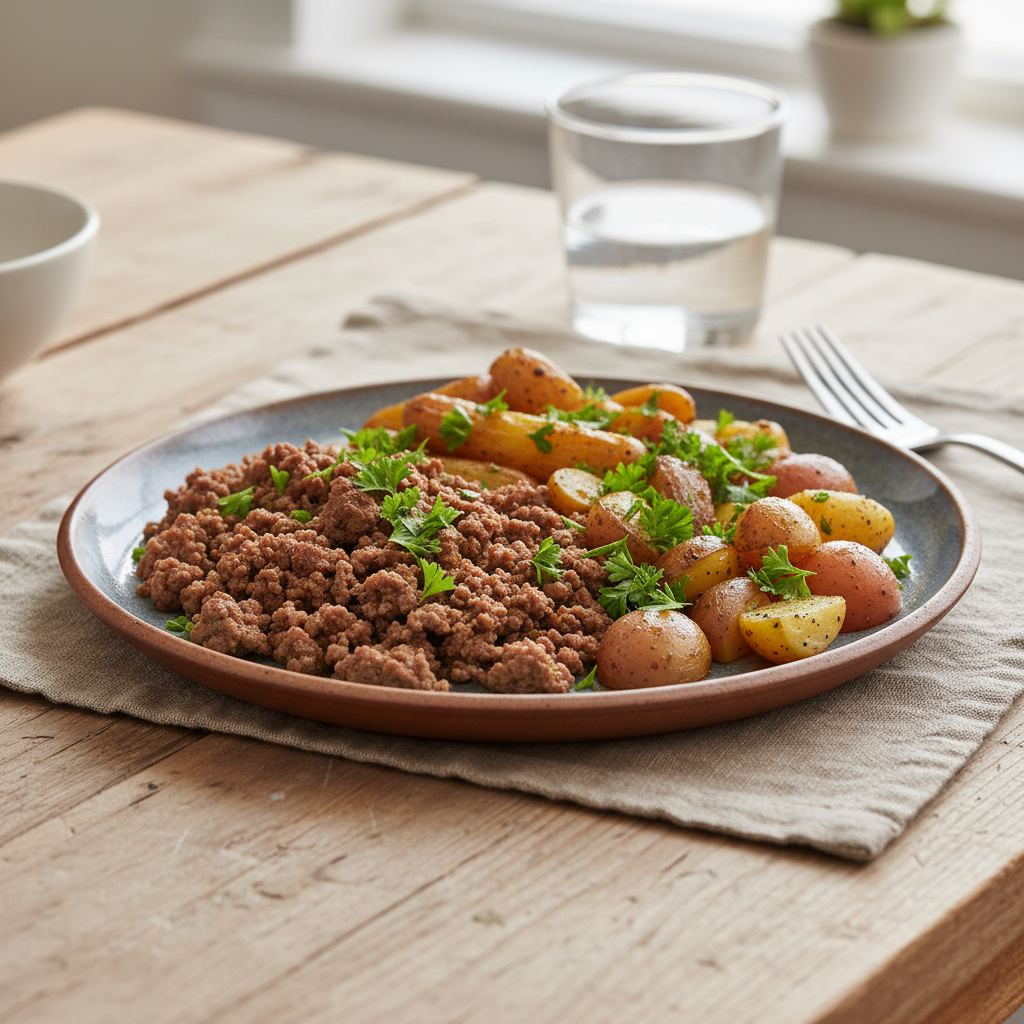 Final presentation of Ground Beef and Potatoes garnished and plated