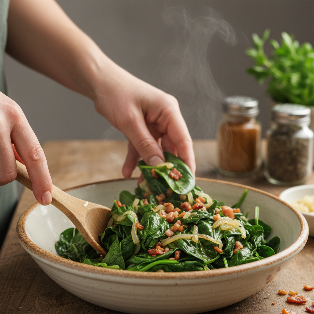 Cooked bacon, onion, and spinach mixture in a pan