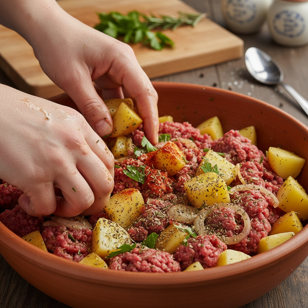 Diced potatoes and spices stirred into skillet