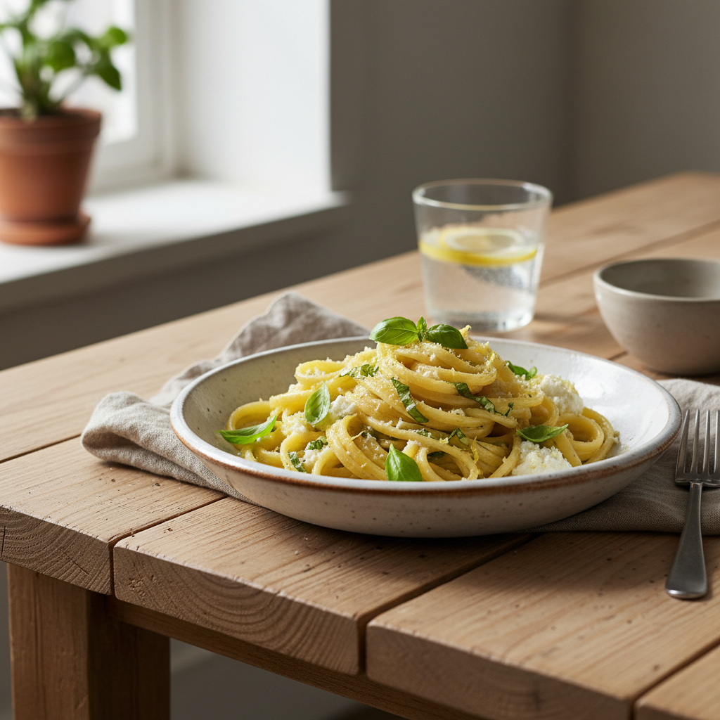 Finished Lemon Ricotta Pasta garnished with herbs