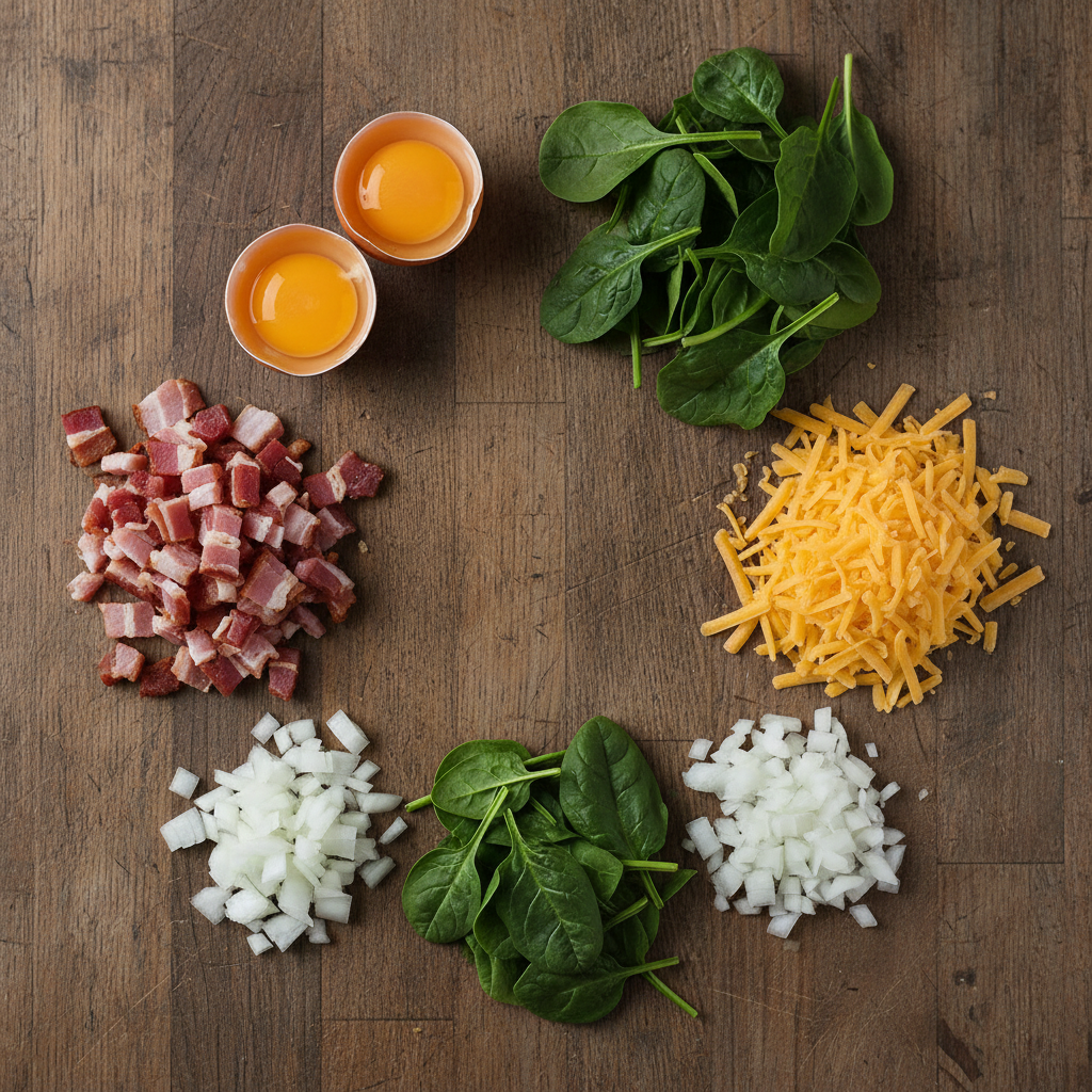 Ingredients for spinach egg muffins with bacon, onion, eggs, cheddar and spinach