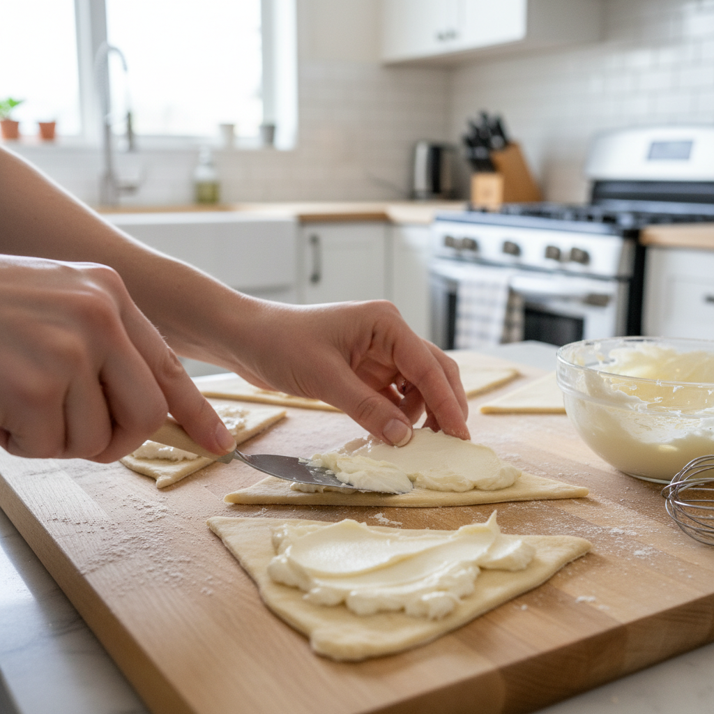 Rolling the crescent rolls with cheesecake filling