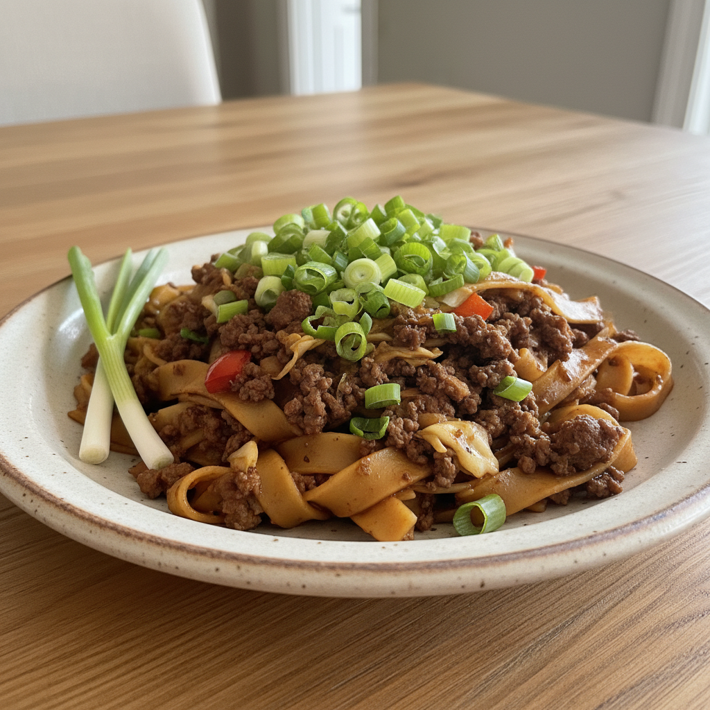 Finished Mongolian Ground Beef Noodles with Green Onion Garnish
