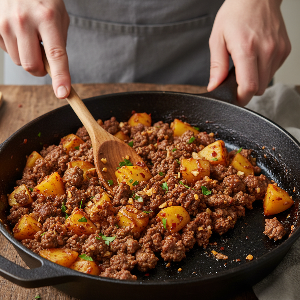 Cooking Mongolian Ground Beef Noodles With Sauce