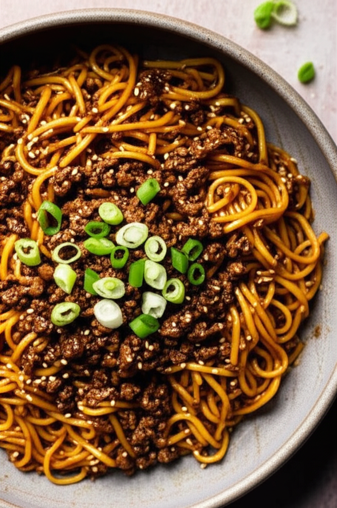 Mongolian Ground Beef Noodles Dish