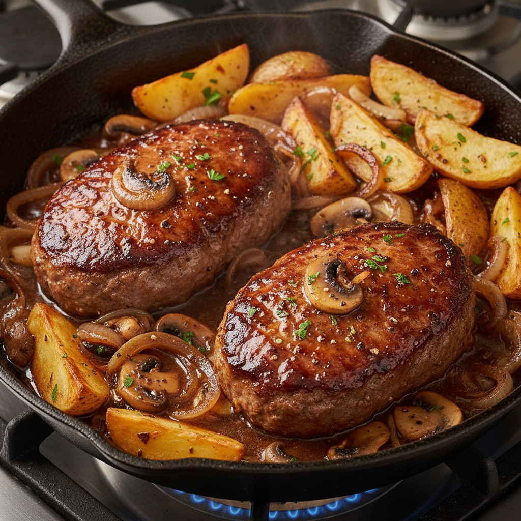 Salisbury Steak with Gravy plated meal