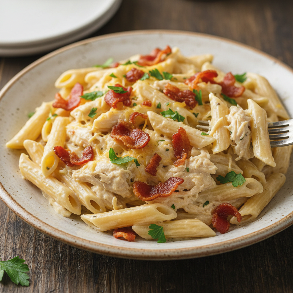 Completed Crack Chicken Penne dish ready to serve
