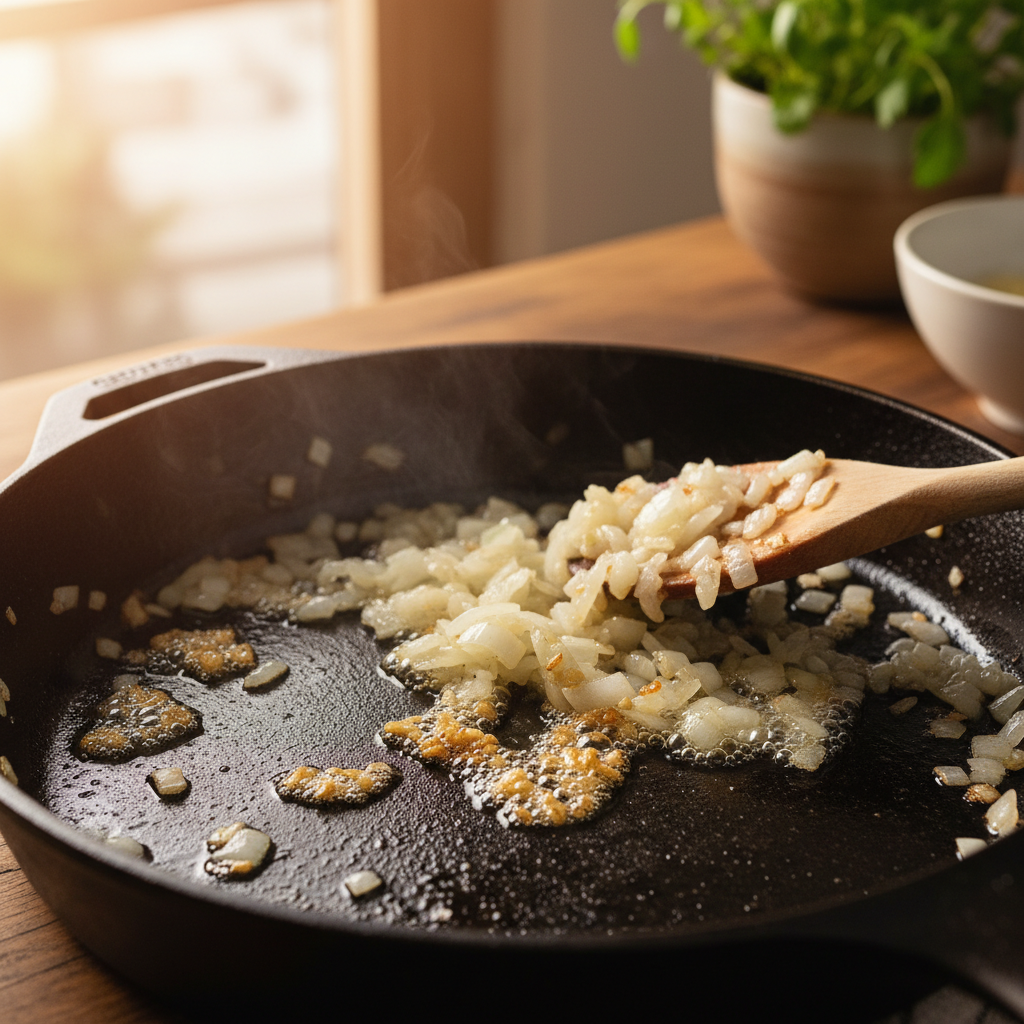 Cooking onions and garlic in skillet