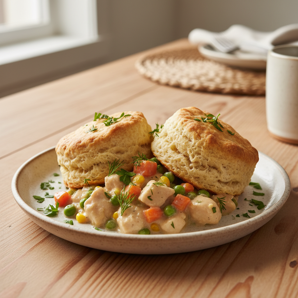 Served slow cooker chicken pot pie with biscuits
