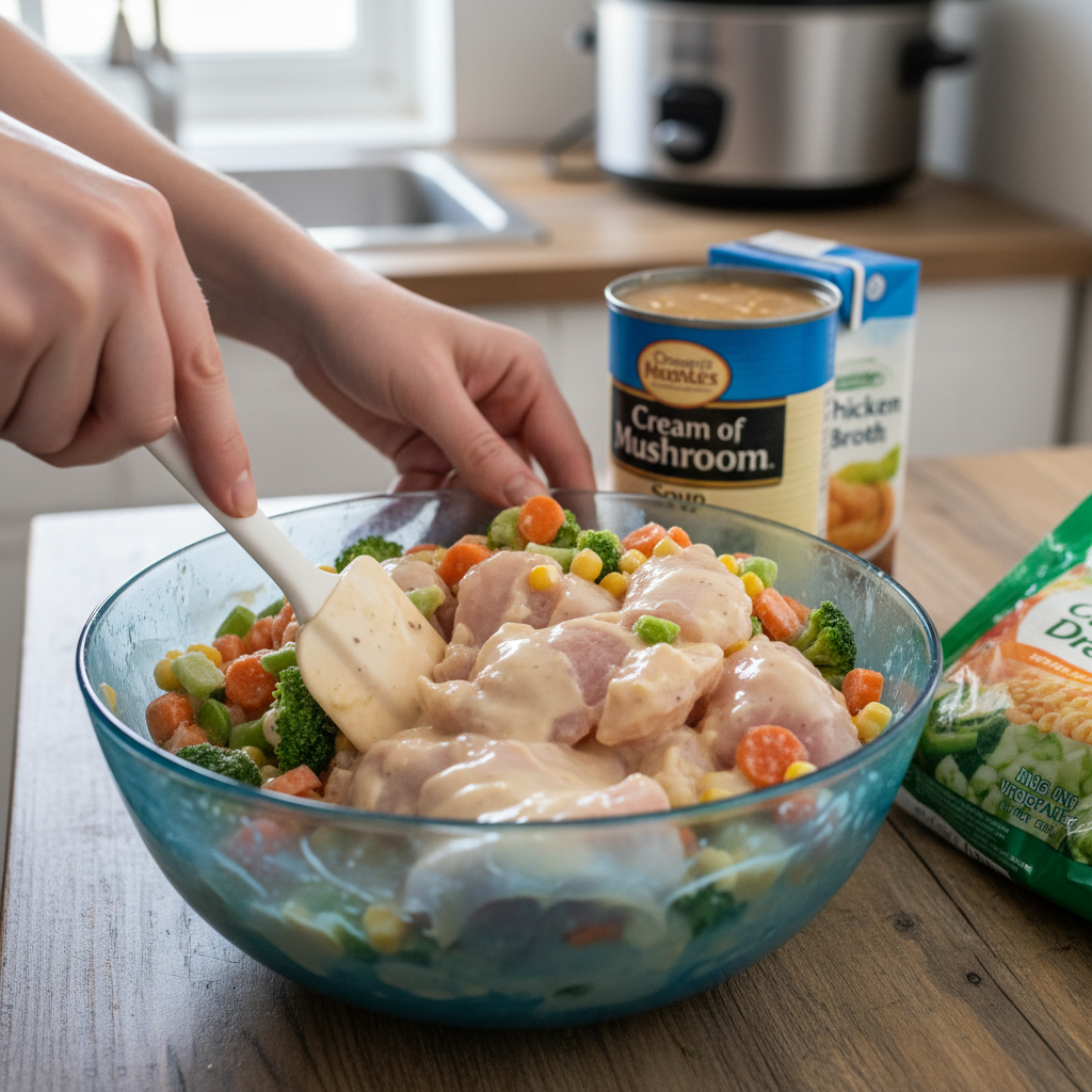 Pouring soup mixture over slow cooker ingredients