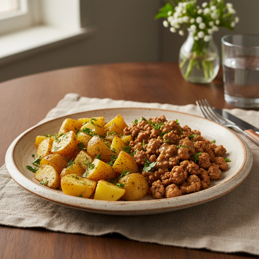 Finished Easy Ground Turkey with Potatoes plated and ready to serve
