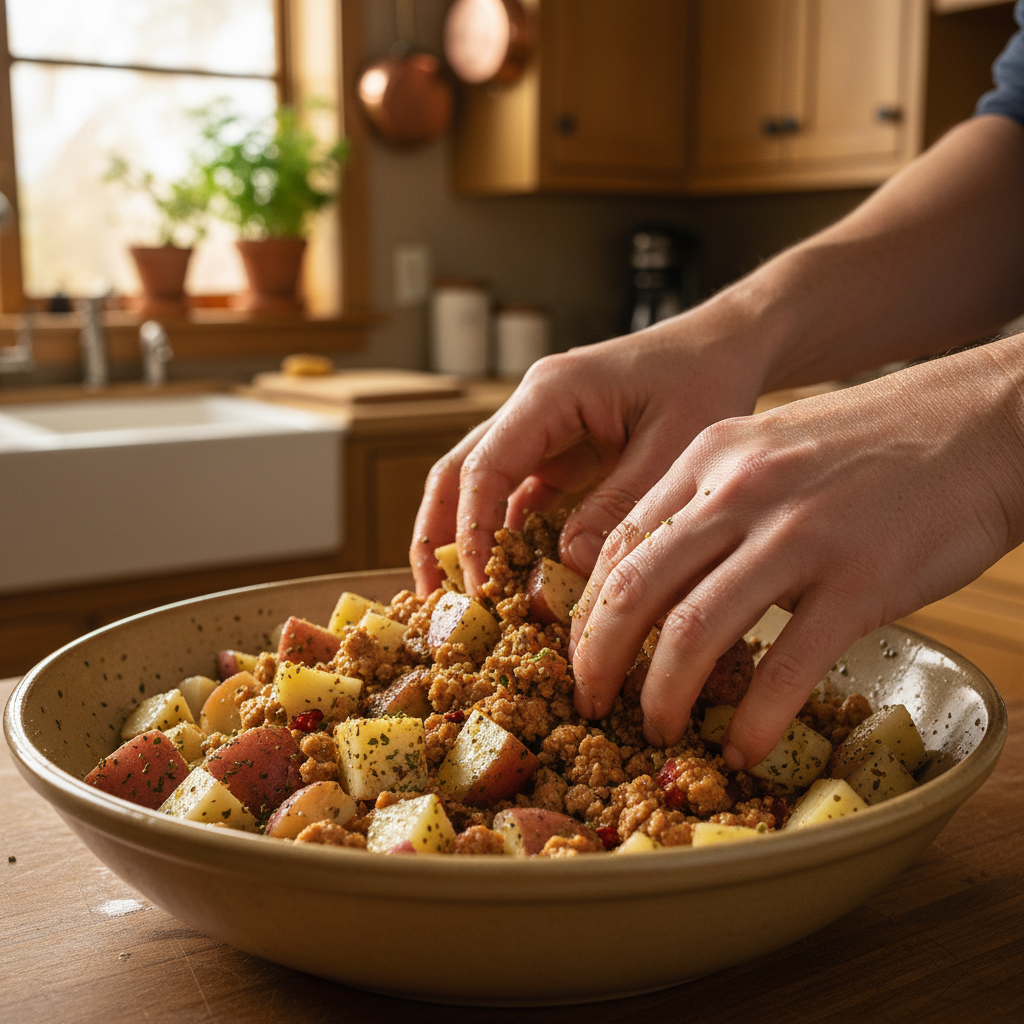 Cooking Easy Ground Turkey with Potatoes in skillet
